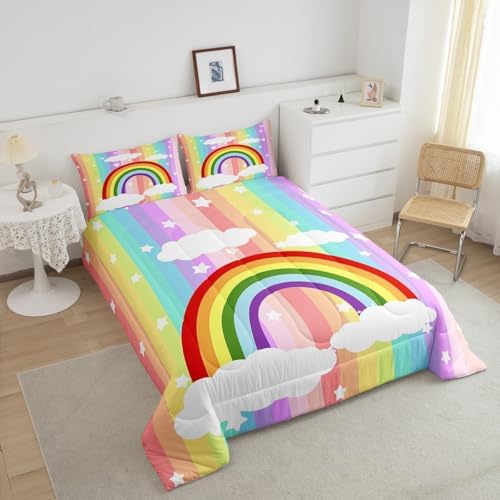 Castle Fairy Colorful Stripes Comforter Set Full Size,Rainbow Bedding Set for Girls Women Adult Bedroom Decoration,Kids Star and Cloud Bed Duvet Insert,Dreamy Comforter with 2 Pillowcase