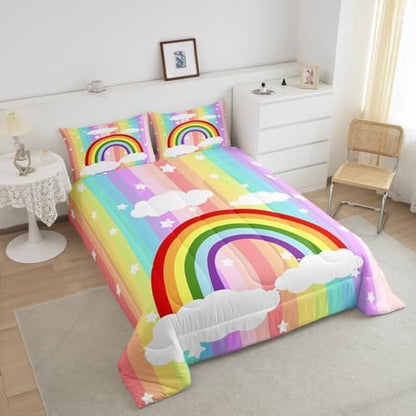 Castle Fairy Colorful Stripes Comforter Set Full Size,Rainbow Bedding Set for Girls Women Adult Bedroom Decoration,Kids Star and Cloud Bed Duvet Insert,Dreamy Comforter with 2 Pillowcase