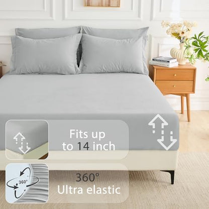 MUXHOMO 7 Pieces Oversized King Comforter Set, Soft Bed in a Bag Oversized King Size, All Season Bedding Set with Comforter, Flat Sheet, Fitted Sheet, Pillowcases & Shams, Light Grey
