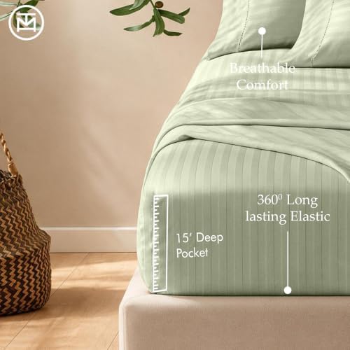 Threadmill 600TC Cotton Twin Sheet Set, Sateen, Damask Stripe, Sage Green