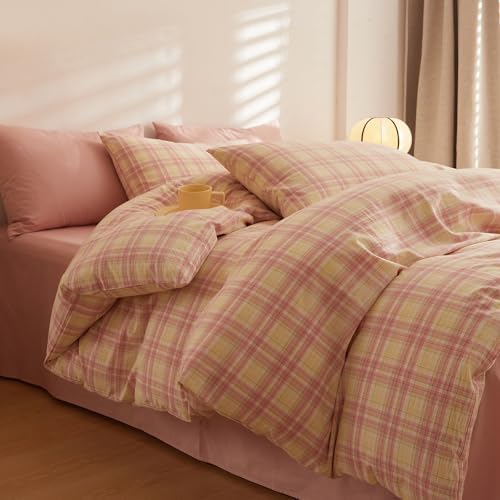 LifeTB Vintage Plaid Comforter Set King, 3 Piece Pink & Yellow Grid Gingham Bedding Comforter with 2 Pillowcases, Lightweight Soft Farmhouse Grid Bedding Aesthetic Plaid Checkered Comforter Set