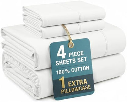 Casa Platino Twin Sheets Set –100% Cotton Twin Sheets with 2 Pillowcases, Lightweight Feel & Secure Fit, Crisp & Breathable Percale Weave with 15" Deep Pocket, Soft and Cozy – Pure White