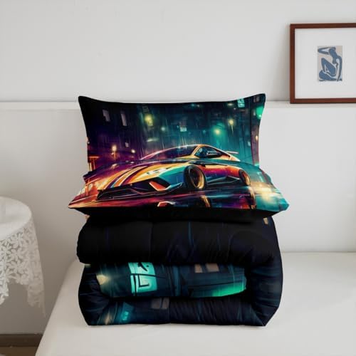 Erosebridal Racing Sports Car Queen Comforter Set for Kids Teens Adults,Cool Speed Car Bedding Set,Extreme Sport Games Duvet Insert,City Night Scene Bed Set for All Season