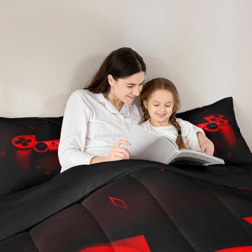 Boys Gamer Comforter Set Twin Size,Gamepad Bedding Set Kids Young Man Video Games Down Comforter for Teen Child Game Room Decor Black Red Classic Retro Gaming Quilted Duvet Set with Pillowcase