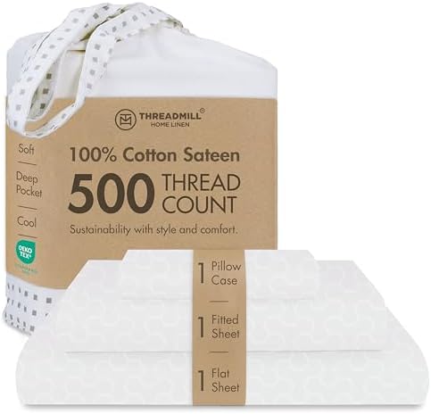 Threadmill 500 Thread Count Cotton Twin Sheet Set, Jacquard, White, 3-Piece