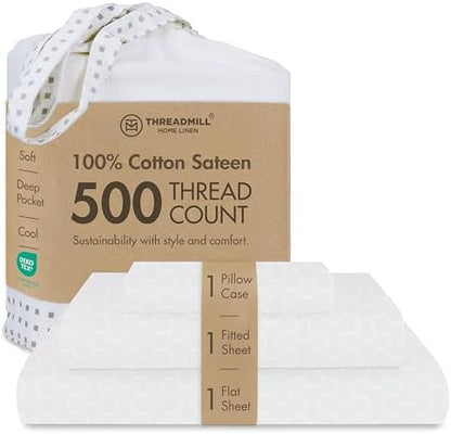 Threadmill 500 Thread Count Cotton Twin Sheet Set, Jacquard, White, 3-Piece
