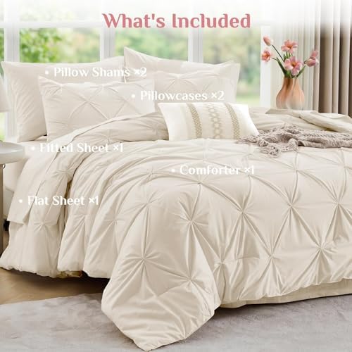 JOLLYVOGUE Queen Comforter Set 7 Pieces - Bed in a Bag Queen for All Season, Pintuck Bedding Comforter Sets with Comforter, Flat Sheet, Fitted Sheet and Pillowcases & Shams, Beige