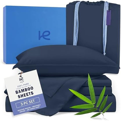 Kickoff Viscose Bamboo Sheets Twin Size 3-pc 100% Organic Bamboo Viscose Bed Cooling Sheets Twin Size Set Cool Bedding for hot Sleepers Sheet Set - Gift Ready Packaging (Navy, T)