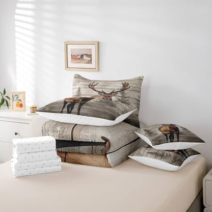 Erosebridal 7 Pcs Moose Bedding Set Queen Western Cabin Lodge Comforter Set Country Woodland Wildlife Bed in a Bag Farmhouse Jungle Pine Tree Quilt with Flat Fitted Sheet Rustic Style Home Decor