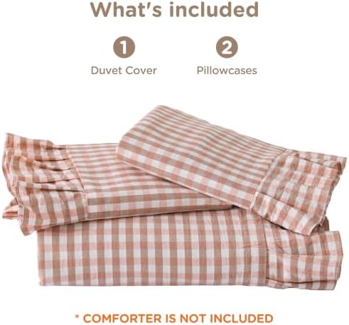 ATsense Pink Brown Gingham Ruffle Duvet Cover Set Cotton Like Linen, King