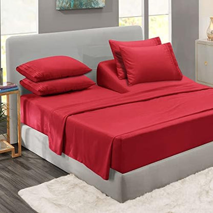 Clara Clark Flex Top King Sheets, 6 Piece Set - Hotel Luxury Sheets for Top Split King Bed, Super Soft Bedding Set, Head Split King Burgundy Red