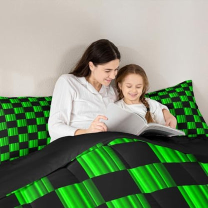 Feelyou Checkered Comforter Set All Season Abstract Ombre Bedding Set with 1 Pillow Cases Modern Geometric Green Black Kids Twin Bedclothes Cute Neutral Aesthetic Plaid Bedroom Decor Duvet Quilt