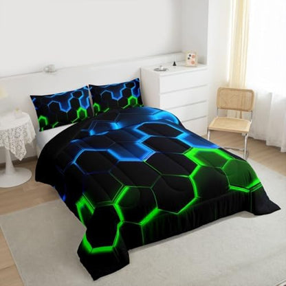 Castle Fairy Honeycomb Bedding Comforter Set Queen Size,Hexagon Theme with Green Blue Neon Lights Quilt Set,Boys Teen Man Chic Creative Home Bedding Set 3pcs Duvet Insert with 2 Pillowcases,Black