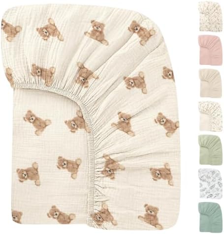 Organic Crib Sheets Fitted Crib Mattress Sheet 52x28 Inches 100% Muslin Cotton for Baby Girls & Boys, Soft Boho Neutral Toddler Bedding Bed Sheets Fits Well Standard Size Crib Mattress 28x52 Inches