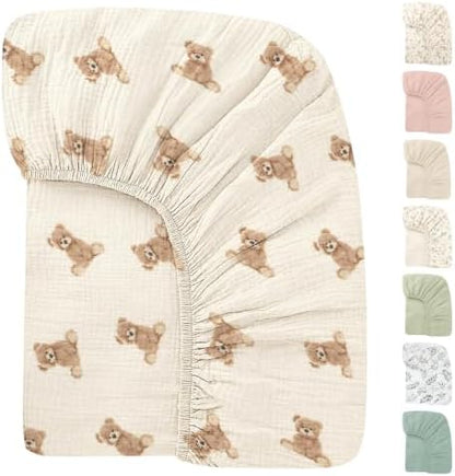 Organic Crib Sheets Fitted Crib Mattress Sheet 52x28 Inches 100% Muslin Cotton for Baby Girls & Boys, Soft Boho Neutral Toddler Bedding Bed Sheets Fits Well Standard Size Crib Mattress 28x52 Inches