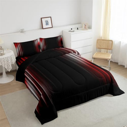 Feelyou Geometric Ombre Bedding Set Men Adults Teens Grey White Red Black Stripes Comforter Set Kids Boys Girls Simple Modern Quilt Collection 3Pcs King Size
