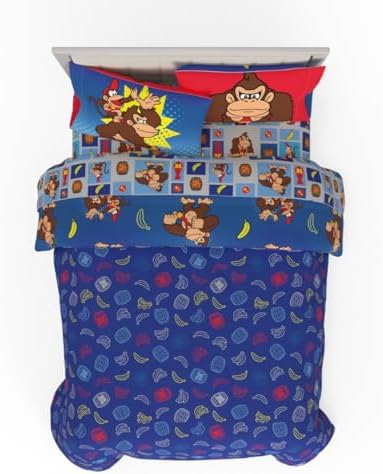 Franco Nintendo Donkey Kong Gaming Bedding 7 Piece Super Soft Reversible Comforter and Sheet Set with Sham, Queen, (Officially Licensed Product)