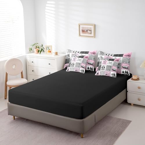 Erosebridal Girls Pink Camper Queen Bedding Set with Sheets 7 Piece Camping Comforter Set Rv Camper Accessories for Travel Trailers Bed in A Bag,Black Grey Buffalo Plaid Pine Tree Arrow Bed Set