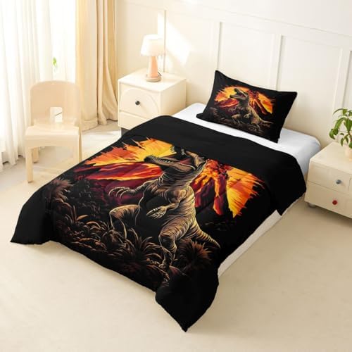 Feelyou Kids Dino Kids Comforter Set Toddler Size Dinosaur Bedding Set Volcano Duvet Quilt for Kids Boys Girls Bedroom Ancient Jungle Dinosaur Decor Yellow Black Microfiber Ultra Soft Breathable