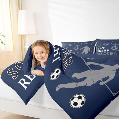 Castle Fairy Soccer Twin Size Comforter Set,Football Field Quilt Set Soft Bed Collection,Ball Games Sport Navy Blue Bedding Comforter for Boys Girls Room Decor,2 Pcs
