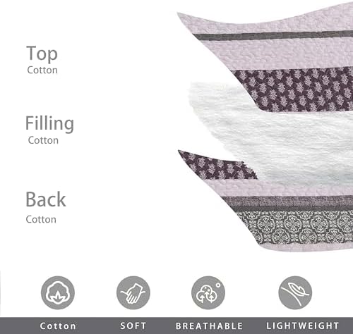 Homzard King Size Comforter Set, Cotton Quilt, Purple and Grey Bedding Set, Lightweight Striped Bedspread, Reversible Coverlet King Size (106"X98") with 2 Pillow Shams All Season