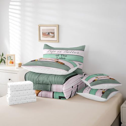 Erosebridal Lake House Bedding Set for Kids Teens,Rustic Oars Paddle Comforter Set Queen Size,Wooden Plank (Comforter+Fitted+Flat Sheet+2 Pillowcases+2 Throw Pillow Covers) 7 Pieces Bed Set