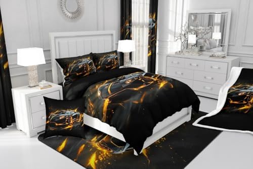 Toddler Race Car Bed for Boys Queen Size,Racing Sport Kids Comforter Bedding Set for Boys Girl,Cool Yellow Black Speed Racing Sports Car Comforter Set,Futuristic Racetrack Extreme Sports Bedding Sets