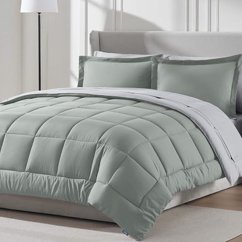 Nestl 9 Piece California King Comforter Set – Sage Green Reversible Bed in a Bag – Complete Cal King Size Bedding Set with Sheets, Set of 2 Down Alternative Pillows, Pillowcases and Shams