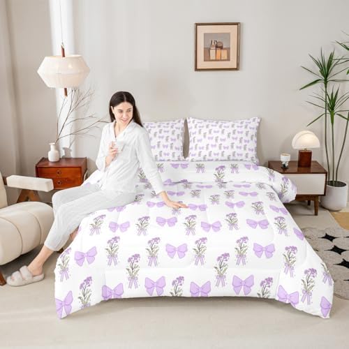 Castle Fairy Purple Bowknot Comforter Set Toddler Size,Vintage Farmhouse Kawaii Purple Floral Bedding Set,Kids Teens Adult Room Decor,Romantic Princess Style Down Comforter,2 Pcs 1 Pillowcase