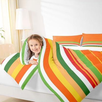 jejeloiu Orange Green Yellow Stripes Comforter Set Toddler Size Geometric Bedding Set for Kids Boys Girls Modern Duvet Quilt Luxury Bedroom Decor Microfiber 2 Pcs with 1 Pillow Cases