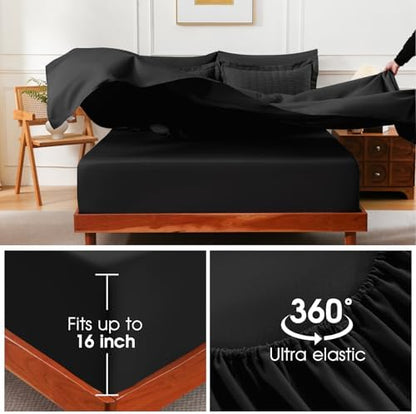 FreshCulture Twin Size Comforter Set Seersucker 5 Pieces, All Season Bedding Set Twin, Soft Bed in a Bag Comforter Set with Comforter, Flat Sheet, Fitted Sheet, Pillowcase and Pillow Sham, Black
