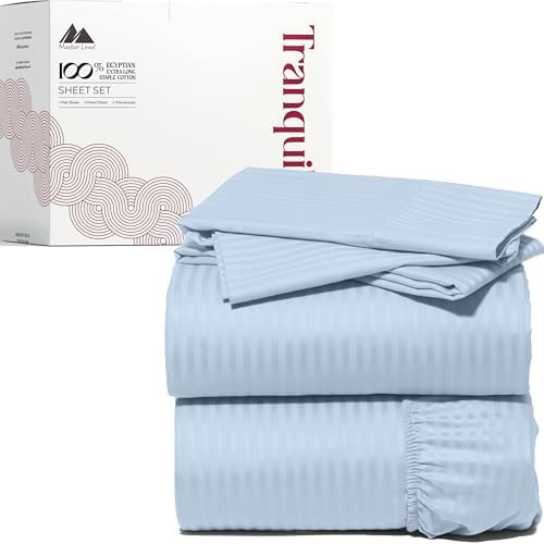 Mayfair Linen Egyptian Cotton Queen Sheets Set - Luxury 800 Series High Thread Count Queen Bed Sheet Set (4 PC, Light Blue - Stripe), Soft Cooling Hotel Quality Bed Sheet Set - Tranquil Collection