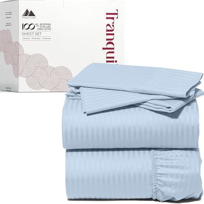 Mayfair Linen Egyptian Cotton Queen Sheets Set - Luxury 800 Series High Thread Count Queen Bed Sheet Set (4 PC, Light Blue - Stripe), Soft Cooling Hotel Quality Bed Sheet Set - Tranquil Collection