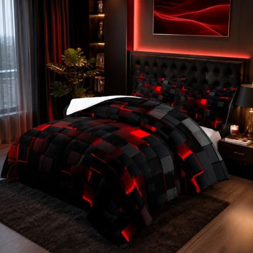 Nttopship Geometric Red Black Comforter Set,Light Honeycomb 3 Piece Bedding Set Twin for Teen Boys,Modern Bedding Quilt Set Geometry Decor,Microfiber Lightweight 1 Comforter 2 Pillowcases All Season