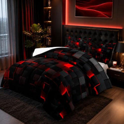 Nttopship Geometric Red Black Comforter Set,Light Honeycomb 3 Piece Bedding Set Twin for Teen Boys,Modern Bedding Quilt Set Geometry Decor,Microfiber Lightweight 1 Comforter 2 Pillowcases All Season
