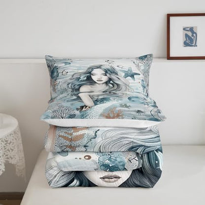 Homewish Beauty Mermaid Girl Comforter Set Queen Size,Coral Shell Starfish Bedding Set for Kids Girls Boys Teens Room Decor,Fantasy Sea Life Quilt Set Ocean Blue Vintage Duvet Insert,2 Pillowcases