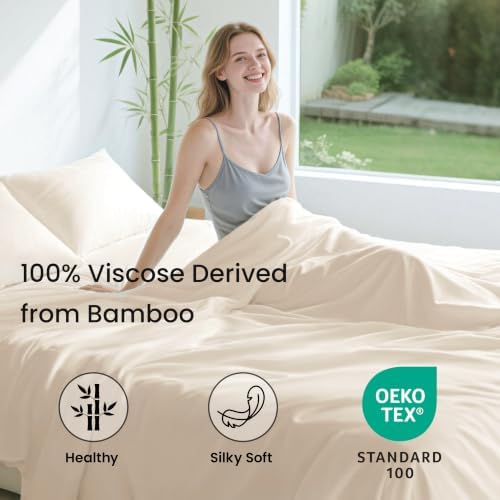 Love's cabin 3 Piece Twin Sheet Set, 100% Rayon Derived from Bamboo, Cooling & Breathable, Soft Silky Deep Pocket up to 16", Hotel Luxury Bedding for Hot Sleepers, Beige