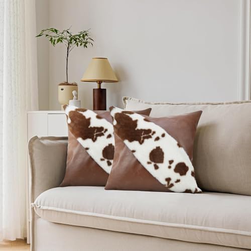 TOMWISH Faux Fur and Artificial Leather Throw Pillow Covers 18x18 Set of