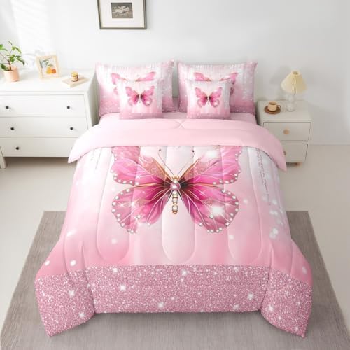 Feelyou Butterfly Comforter Set King Size 7 Pieces Dreamy Princess Bedding
