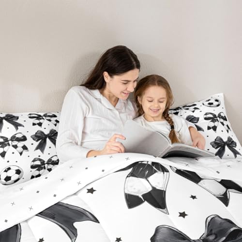 jejeloiu Soccer Ball Bow Kids Comforter Set Toddler Size Football Bedding Set Watercolor Bow Duvet Quilt for Kids Boys Girls Bedroom Rugby Sports Decor Microfiber Ultra Soft Breathable