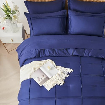 Yogeneg Queen Comforter Set 7 Piece Bed in a Bag,Grid Pinch Pleat Navy Blue Bedding Set,Striped Textured Soft Microfiber Comforter with Sheet Set,All Season Complete Bed Set(Navy Blue,Queen)