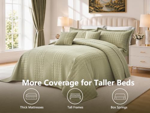 Oversized King Bedspreads 128x120, Grid Stitch, Olive Green