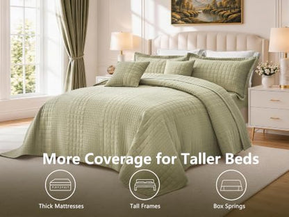 Oversized King Bedspreads 128x120, Grid Stitch, Olive Green