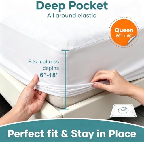 OhGeni Waterproof Mattress Protector, Queen Size Mattress Pad Fitted with Deep Pocket 6"-18", Breathable Noiseless & Soft, Washable Dirt-Proof Mattress Cover for Home, Bedroom, White,Daybed Cover