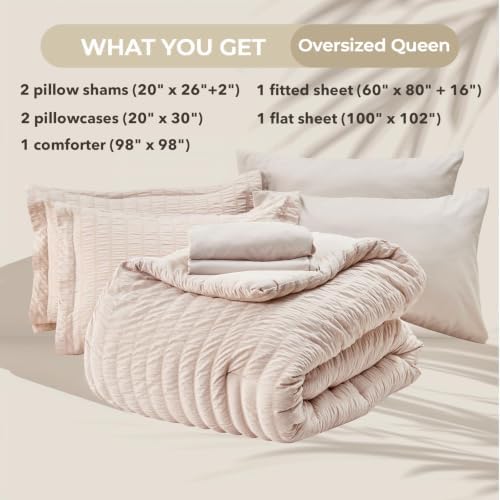 HYMOKEGE Beige Oversized Queen Comforter Set Seersucker 7 Pieces, All Season Luxury Bed in a Bag for Bedroom, Bedding Set with Comforter, Sheets, Pillowcases & Shams