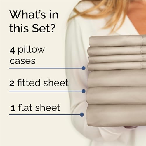 Split King 7 Piece Bed Sheet Set - Comfy, Breathable & Cooling - Wheat