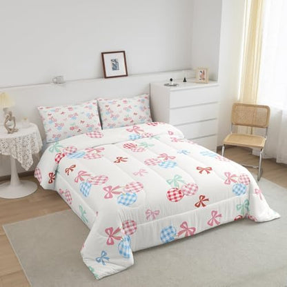 Girl Cherry Comforter Set King Size,Cute Bowknot Bedding Sets for Kids Boys Teens Adult Room Decor,Pink Blue Check Fruit Down Comforter White Princess Style Reversible Quilt Set,2 Pillowcases