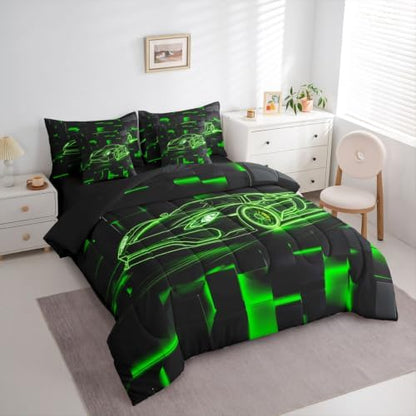Feelyou Green Race Car Comforter Set King Size 7 Pieces Breathable Soft