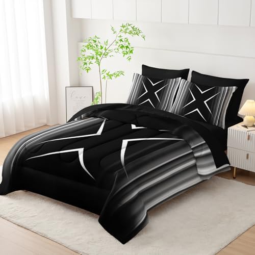 Nttopship Black and White Geometric Comforter Set Full Size 7Pieces,3D Abstract Mordern Printed Bedding Set for Adults,Geometric Mordern Decor All Seasons with Pillowcases,Flat, Fitted Sheet