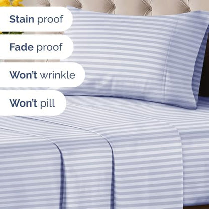 Twin XL 3 Piece Striped Sheet Set - Soft, Breathable & Cooling - Blue Sky